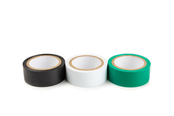 Insulating tape on a bright colored background. Set of different colors insulating tape. Reel...