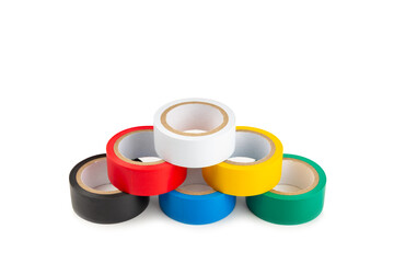 Insulating tape on a bright colored background. Set of different colors insulating tape. Reel...