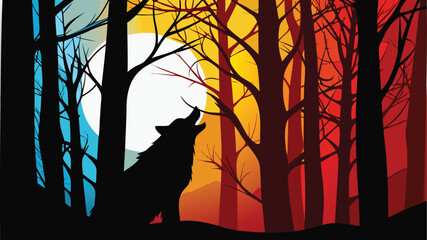 Silhouette of a wolf howling at the moon amidst a dense forest with colorful sky and bare trees