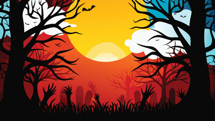A spooky halloween scene with trees, tombstones, zombie hands and a bright yellow moon in the sky