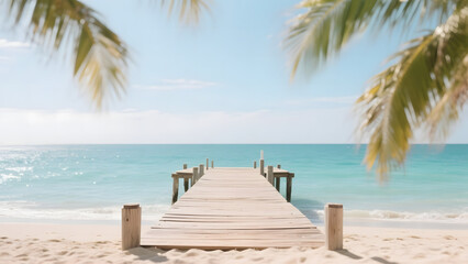 Wooden Pier Extending into Turquoise Waters Under Palm Fronds