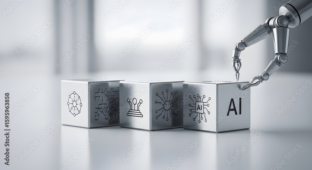 Poster robot hand interacting with ai concept blocks illustrating innovation and futuristic design for digi