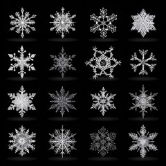 A collection of diverse and intricate snowflake patterns displayed on a black backdrop, showcasing their unique shapes and details.