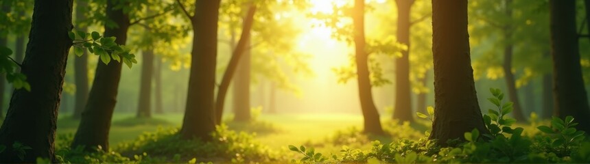 Sunlight shining through the trees in a green forest