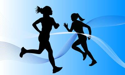 Runners on sprint women silhouettes shapes on blue lines wave curves smooth gradient abstract background