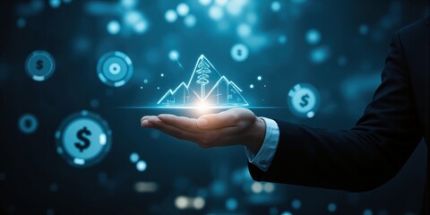 Futuristic Wealth Creation A glowing financial trajectory hovers above an entrepreneur's hand, illustrating a path to success. The background is