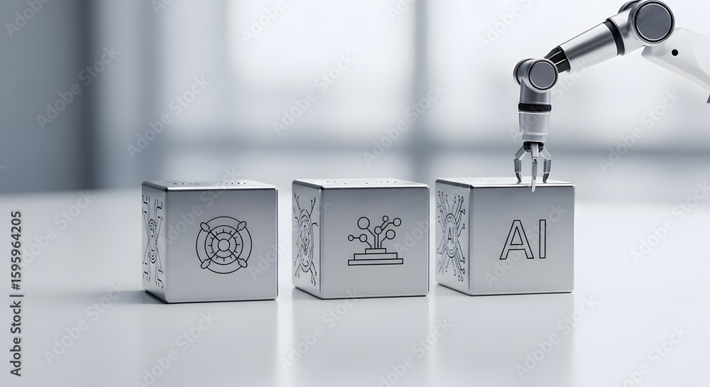 Poster ai automation robotic arm stacking cubes with industry, data, and machine learning icons for busines