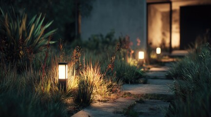 Pathway lit by garden lamps at night