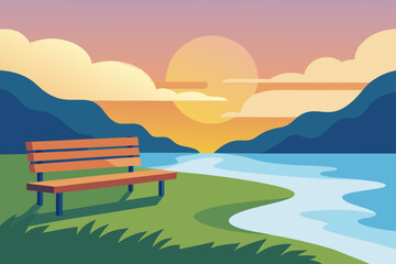 wooden bench on grassy lakeside path with mist rising