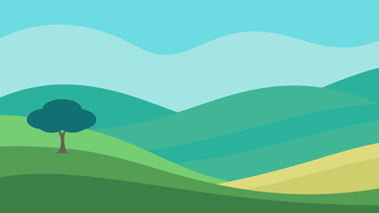 Fototapeta premium flat design valley with soft rolling hills and single tree