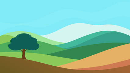 Fototapeta premium flat design valley with soft rolling hills and single tree