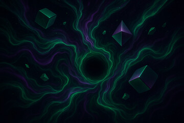 An ultra-HD 3D abstract space-themed wallpaper with swirling dark matter, glowing cosmic energy waves in deep purple and emerald green, floating geometric fragments, and a black hole center, cinematic