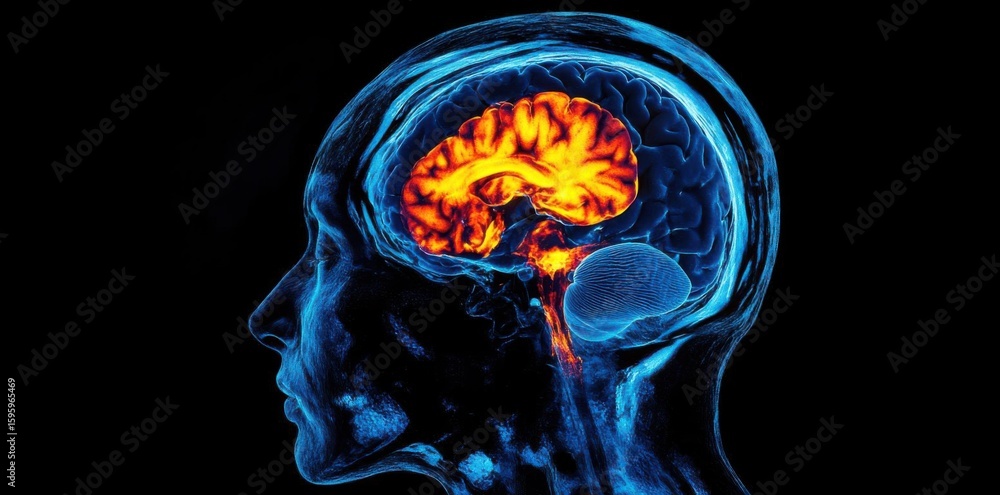 Poster human brain scan reveals neural activity and complex thinking processes with focus