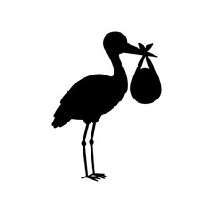 Naklejka premium Baby with stork silhouette vector flat illustration design. 