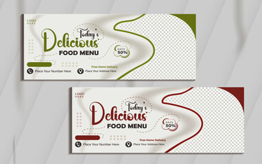 Fast food restaurant menu social media marketing web banner template design. Pizza, burger healthy food business online promotion flyer with abstract background, logo icon. Sale cover with mockup