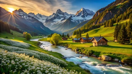 A picturesque mountain valley with a flowing river and charming cabins