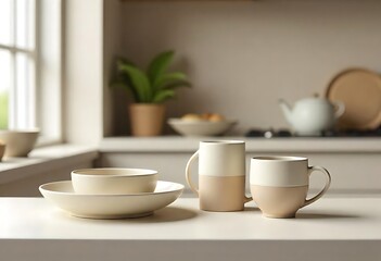 Fototapeta premium Generative AI image of a modern kitchen scene with ceramic tableware, peaceful ambience