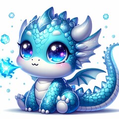 A cute baby ice dragon with shiny eyes, tiny horns, chuby body with small wings, sitting in calm expression releasing a small frosty breath, white background, cartoon and anime style art, art print