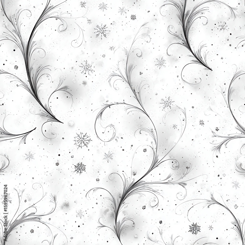 Poster an abstract winter pattern featuring swirling branches and scattered snowflakes on a white backgroun