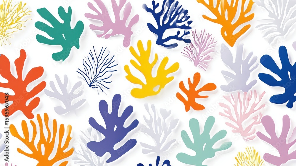 Poster a vibrant and colorful abstract coral reef pattern background with various shapes and bright colors.