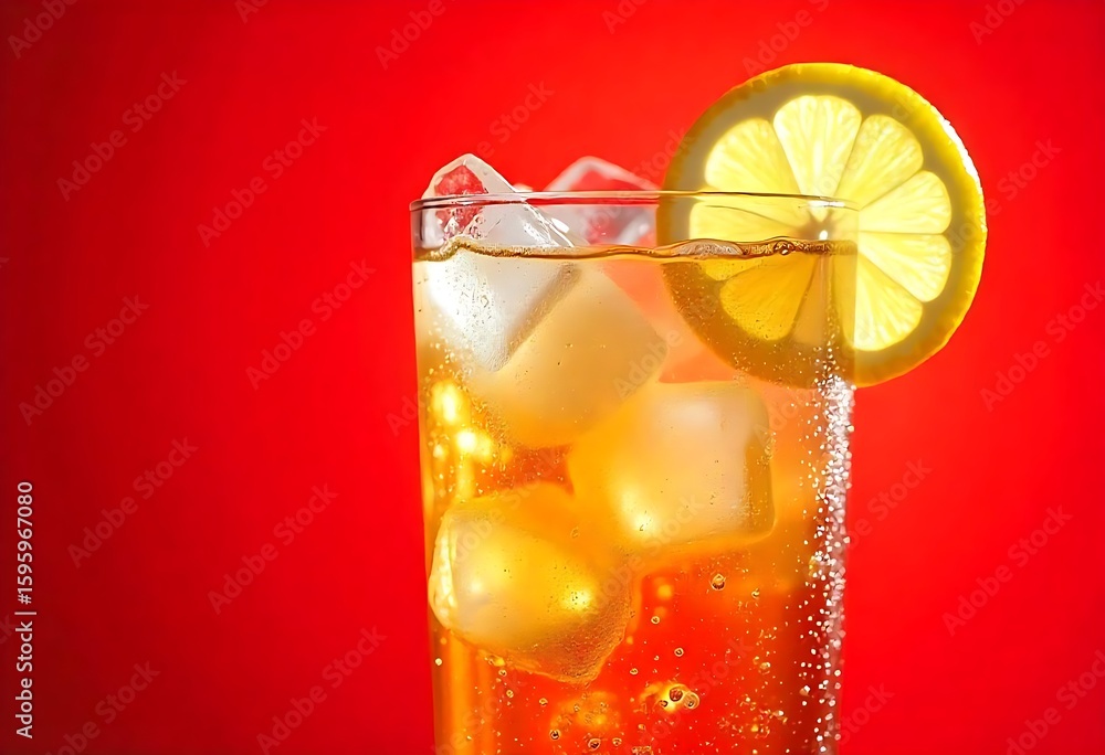 Poster generative ai: refreshing iced drink with lemon slice against vivid red backdrop