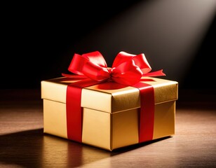 gold gift box with red ribbon on spotlight background.