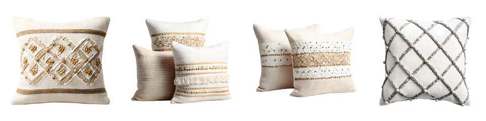 Set of Decorative Throw Pillows on White Background - Boho Style Home Decor