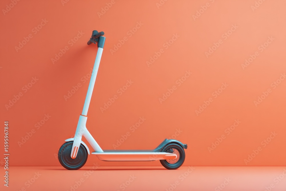 Poster minimalistic scene features sleek modern scooter against solid-colored background with ample copy sp