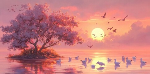 Birds Gathering Near Water at Sunset with Tranquil Concept