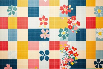 Floral Fabric Pattern Displaying Various Flowers and Patchwork Designs with a Quaint Theme