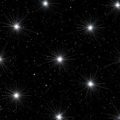 Obraz premium A seamless pattern featuring a black sky filled with bright starbursts and scattered stars, representing the vastness of space.