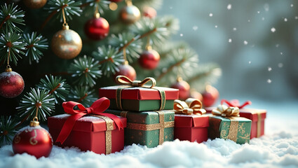 A charming christmas scene features a decorated tree with ornaments and a collection of beautifully wrapped presents nestled in the snow, radiating holiday cheer