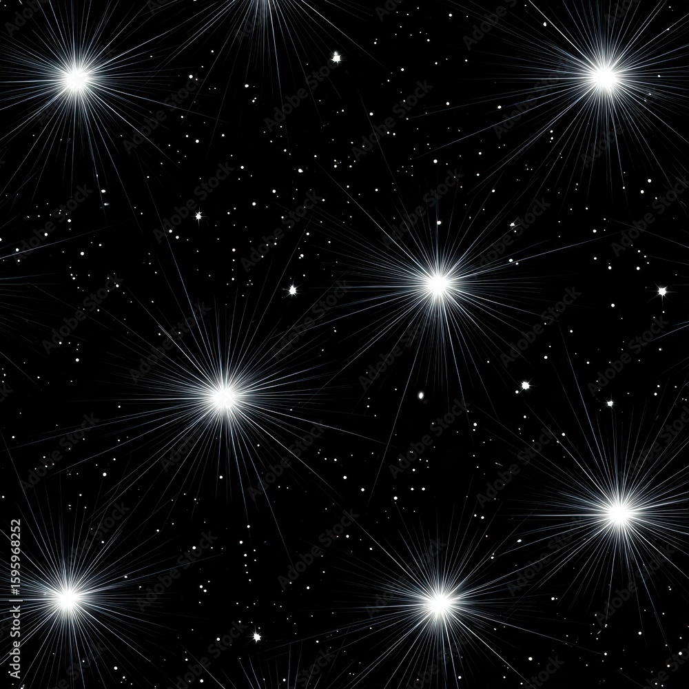 Aufkleber an abstract black background featuring bright star-like light patterns and scattered small dots, cre