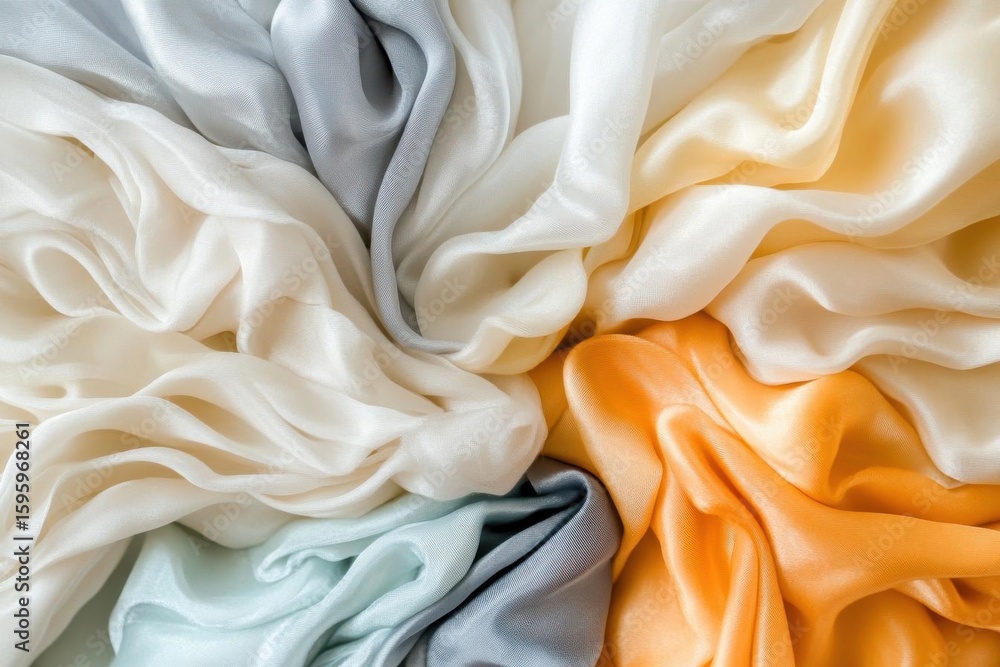 Poster silken cascade, draped fabrics create a flow and soft texture background.