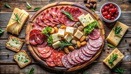 A rustic wooden board overflows with a delicious assortment of cured meats, cheeses, nuts, and bread