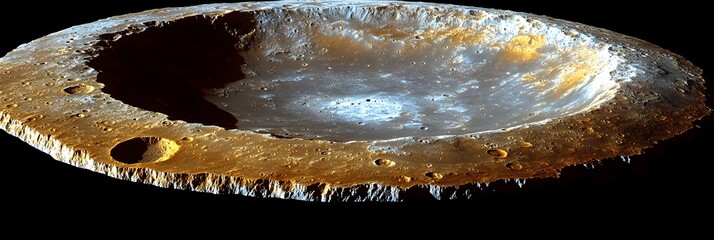 Aerial view of a large crater with rugged terrain and smaller craters on a dark background space