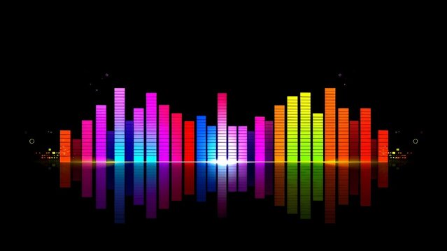  Farbintensive digitale Grafik eines Musik-Egalizers vor schwarzem Hintergrund mit Lichtreflexionen &ndash; perfekt f&uuml;r Musikdesigns oder Partyeinladungen.