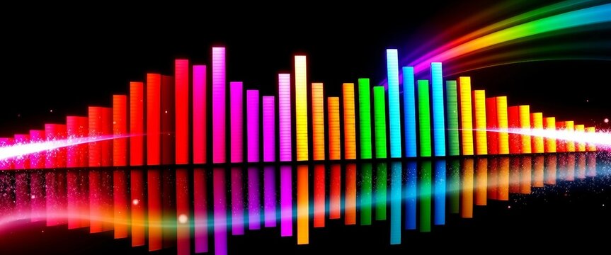  Farbintensive digitale Grafik eines Musik-Egalizers vor schwarzem Hintergrund mit Lichtreflexionen &ndash; perfekt f&uuml;r Musikdesigns oder Partyeinladungen.