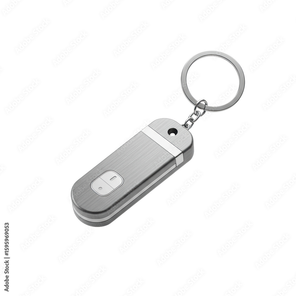 Poster sleek, modern brushed metallic keychain with minimalist fob levitating, perfectly suspended in a pre
