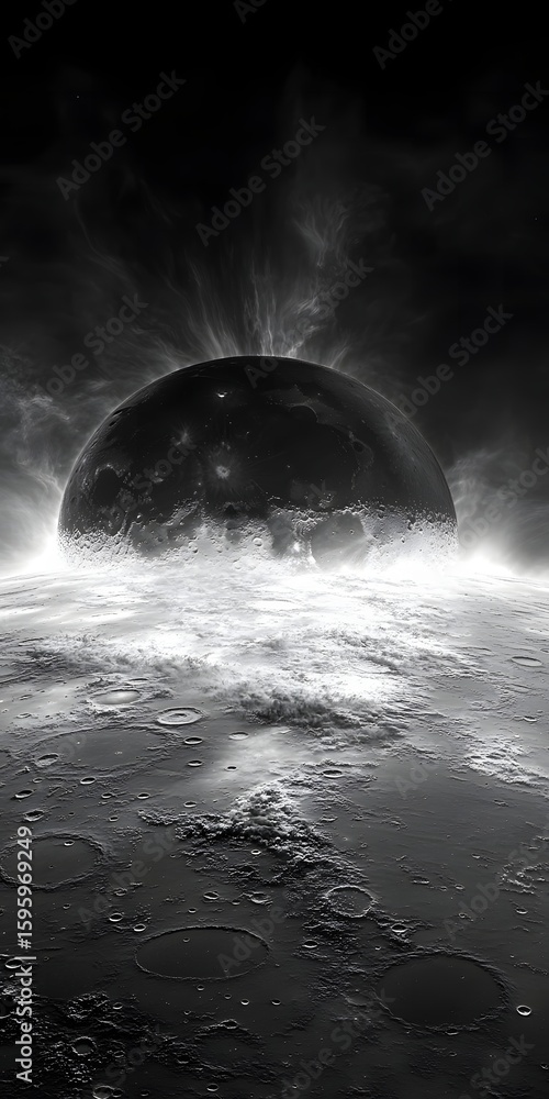 Wall mural a grayscale view of the moon's surface with craters and a bright glow around the horizon line