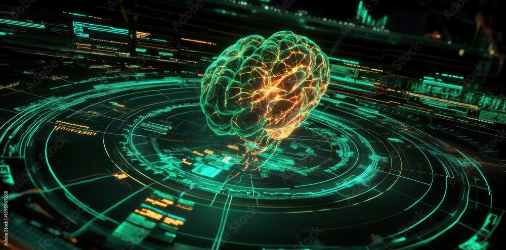 Poster brain connects to data, neural network and artificial intelligence concept