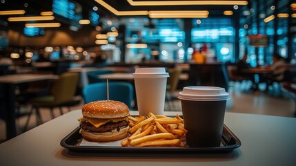 Fast food meal served on a tray in a food court.
