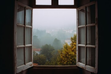 Misty cityscape view through an old window