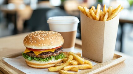Cheeseburger, french fries, and coffee on a wooden tray.