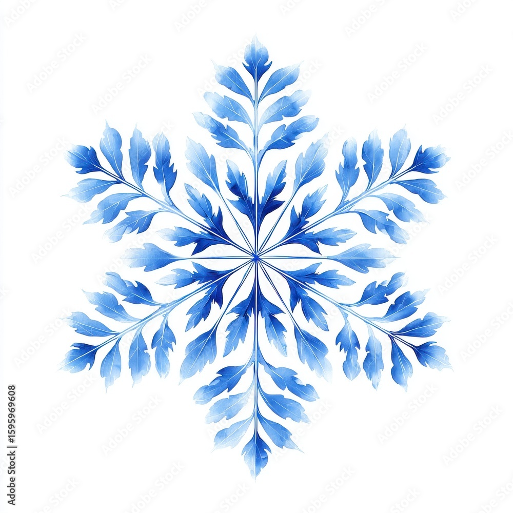 Poster a blue snowflake with intricate leaf-like patterns showcasing symmetry and delicate frostwork, typic