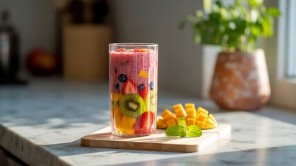Refreshing fruit smoothie with fresh mango and kiwi