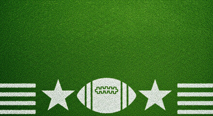 An overhead shot shows a football, stars, and stripes design on a vibrant green football field, creating a dynamic backdrop for sports enthusiasts and game day excitement