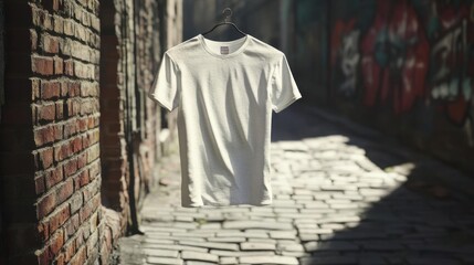 Naklejka premium T-shirt Hangs in Alleyway, Urban Fashion and Graffiti Art Backdrop, Street Style