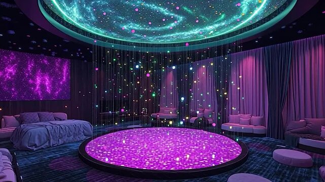 Luxurious, purple-lit bedroom with a circular, glowing floor, illuminated by a celestial-themed ceiling