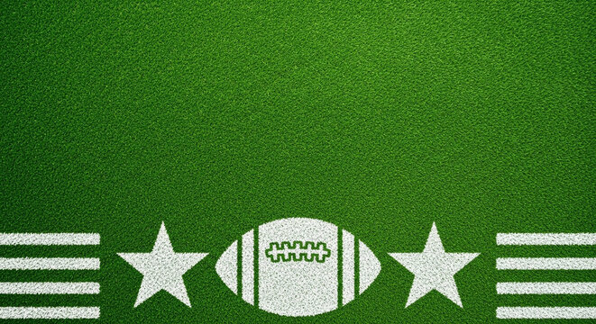 An overhead shot shows a football, stars, and stripes design on a vibrant green football field, creating a dynamic backdrop for sports enthusiasts and game day excitement